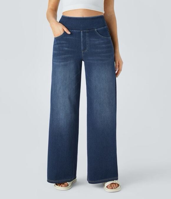 HALARA Denim - Halara Flex™ High Waisted Pockets Baggy Wide Leg Washed Casual Jeans Womens XL